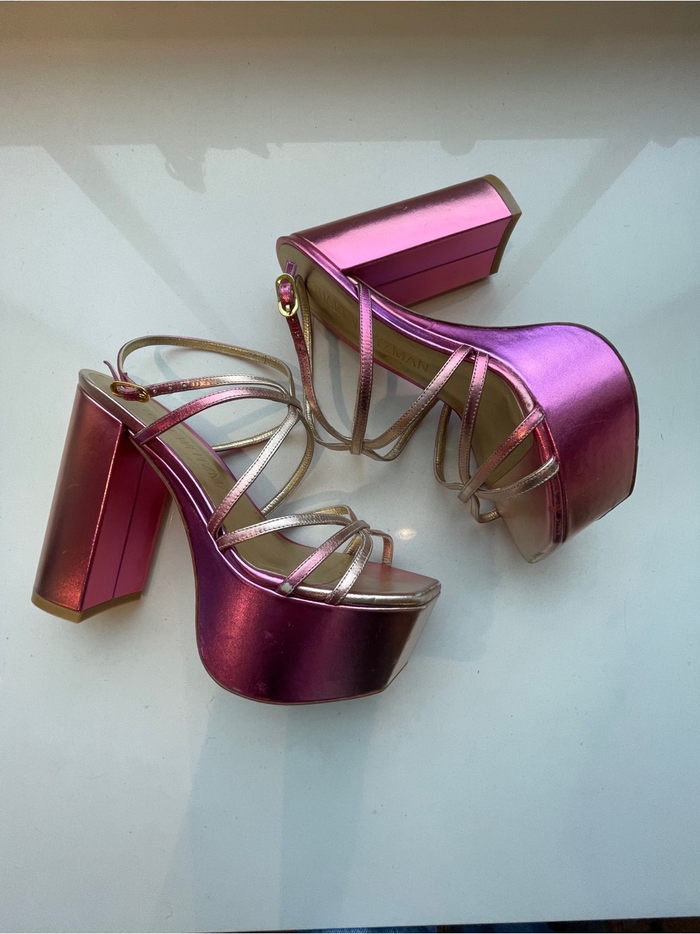 Stuart Weitzman Metallic Pink and Gold Barelythere Squarehigh Platform Sandal